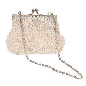 Goldco Women's Small Ivory Beaded Crossbody Bag Chain Strap Kiss Lock VTG Purse